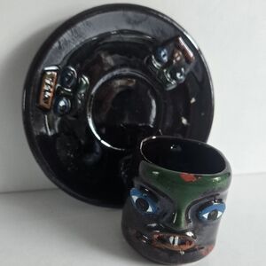 Ceramics Tribal Tiki Totem Demitasse Cup & Saucer Japan Vtg
